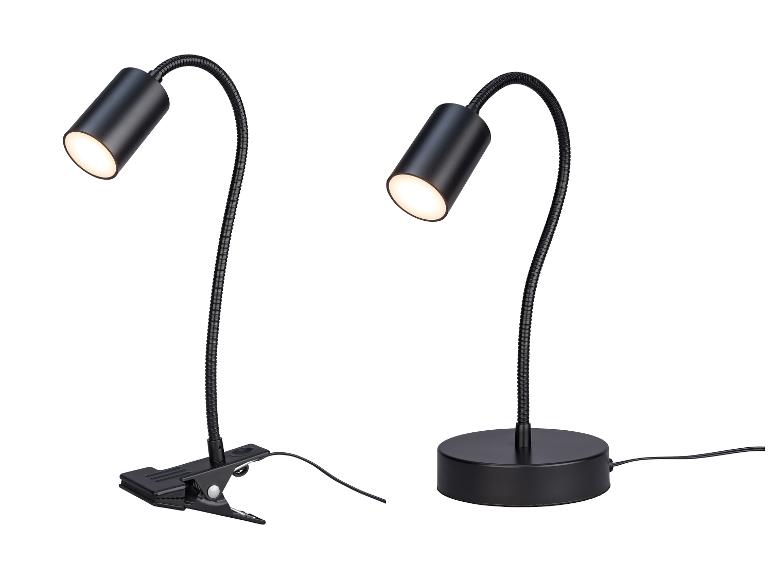 Dve čierne LED stolové lampy, jedna s klipovou základňou a jedna s okrúhlou základňou.