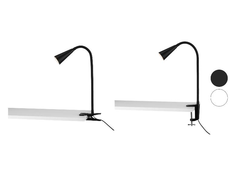 Dve čierne stolové lampy s flexibilným ramenom, jedna s klipom a druhá so skrutkovou svorkou.