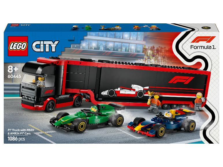 Súprava LEGO City F1 kamión s autami F1 RB20 a AMR24, 1086 dielikov.
