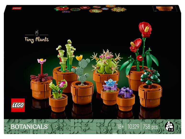 Súprava LEGO Botanicals Tiny Plants s deviatimi rôznymi zostaviteľnými rastlinami v kvetináčoch.