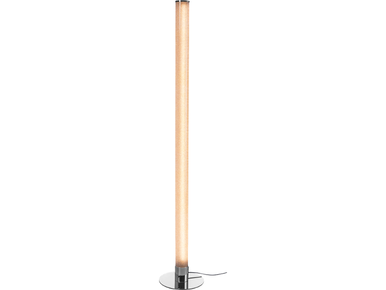 Stĺpová stojaca lampa so zlatými trblietkami, chrómovou základňou a čiernym káblom.