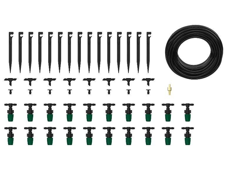 Sada na kvapkovú závlahu: hadica, kvapkadlá a kolíky.