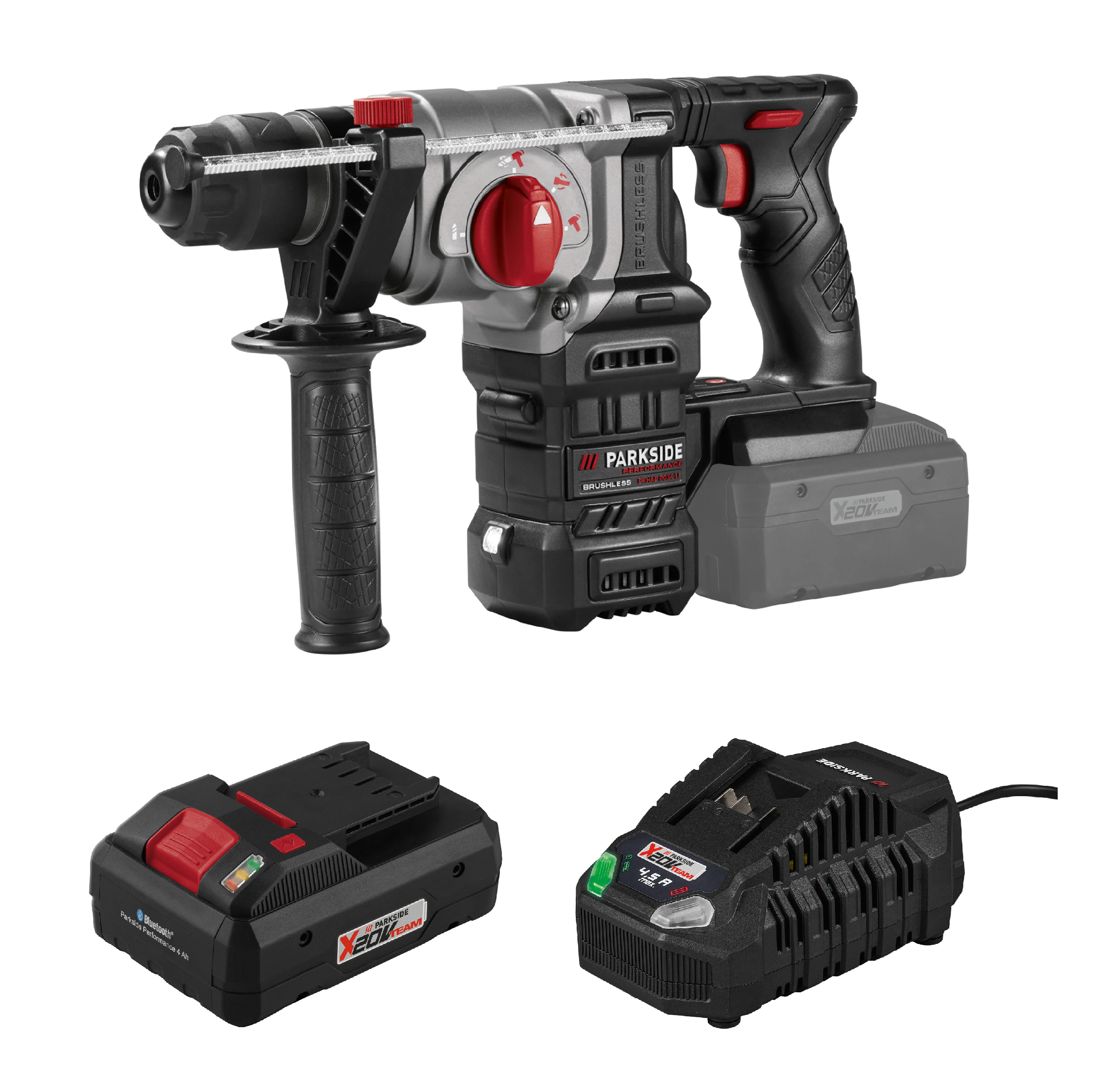 PARKSIDE PERFORMANCE® Aku kombinované kladivo PKHAP 2034-Li B1 + Smart akumulátor 20 V/4 Ah + Rýchlonabíjačka akumulátora 20 V/4,5 A