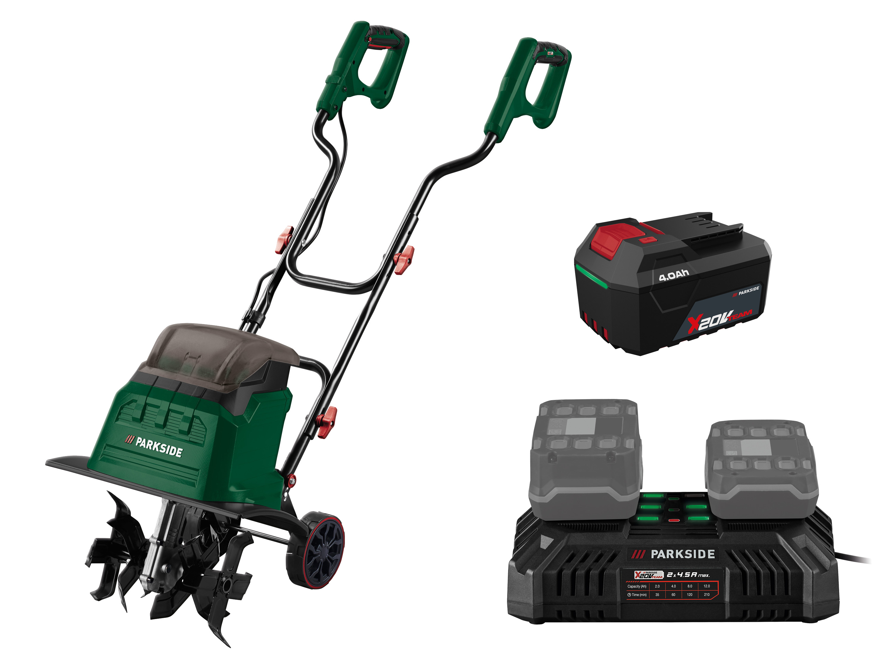 PARKSIDE® Aku kultivátor 40 V PABH B2 + Akumulátor 20 V/4 Ah, 2 kusy + Dvojitá nabíjačka 20 V/4,5 A