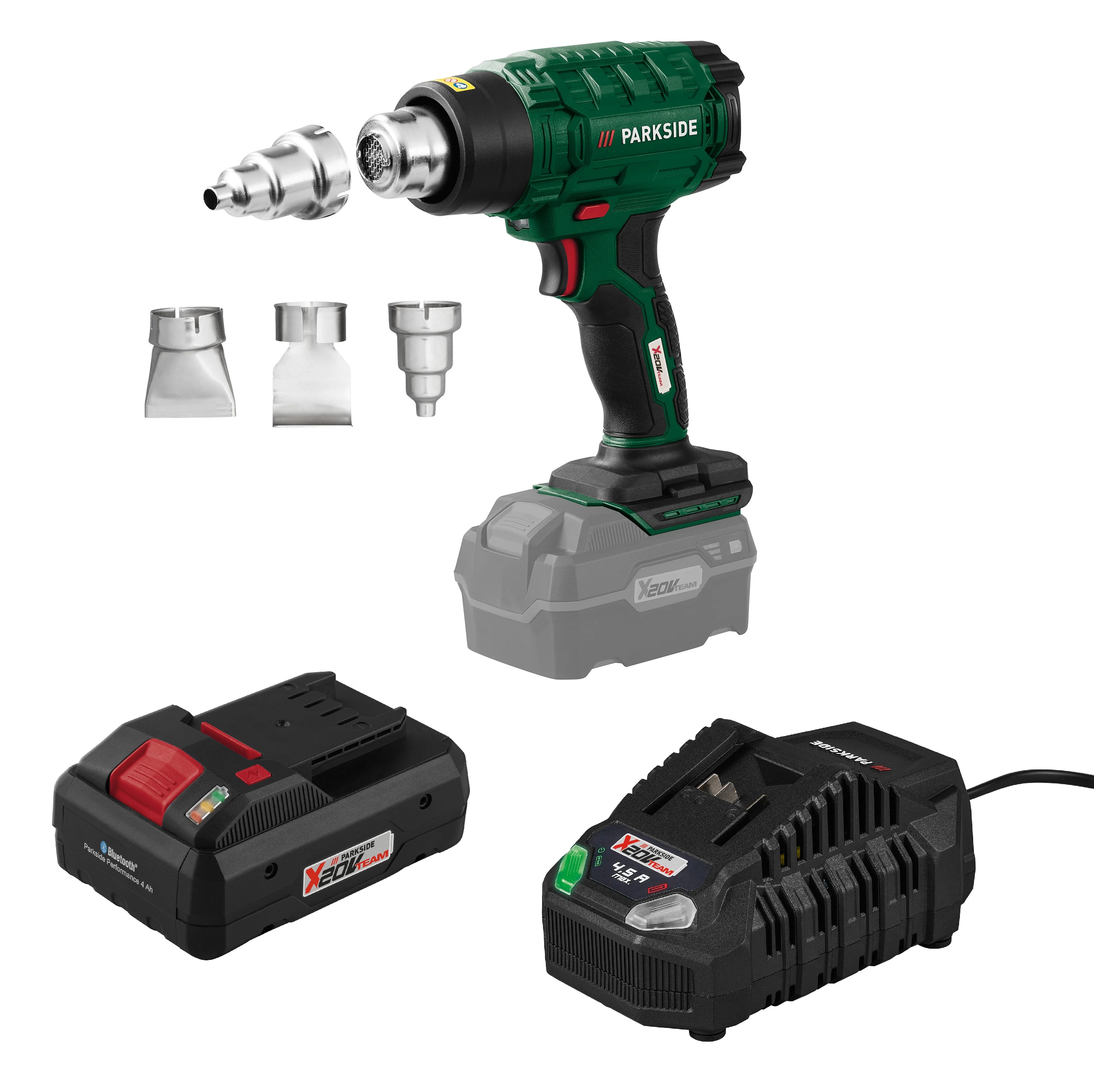 PARKSIDE® Aku teplovzdušná pištoľ PHLGA 20-Li C2 + Smart akumulátor 20 V/4 Ah + Rýchlonabíjačka akumulátora 20 V/4,5 A