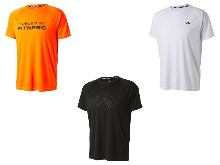 Tri pánske športové tričká Crivit: oranžové s nápisom „Fueled by Fitness“, biele a čierne.