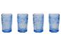 Sada štyroch modrých pohárov na vodu, vintage štýl, s kvetinovým vzorom.