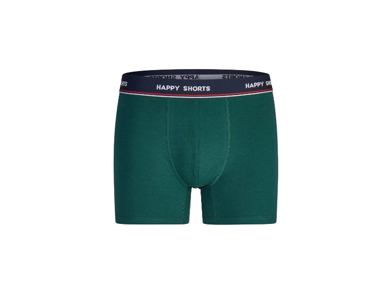 Zelené boxerky s tmavomodrým elastickým pásom a nápisom 'HAPPY SHORTS'.