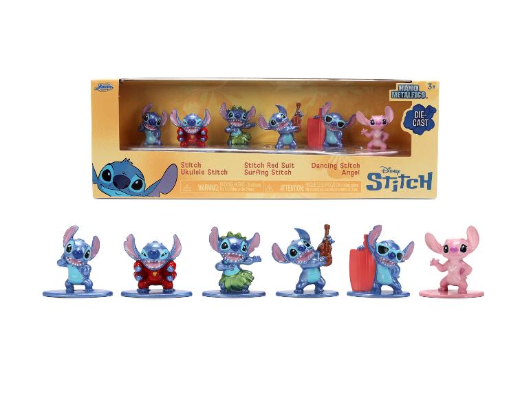 Sada kovových figúrok Disney Stitch, vrátane Stitcha, Stitcha s ukulele, Stitcha v červenom obleku, surfujúceho Stitcha, tancujúceho Stitcha a Angela.