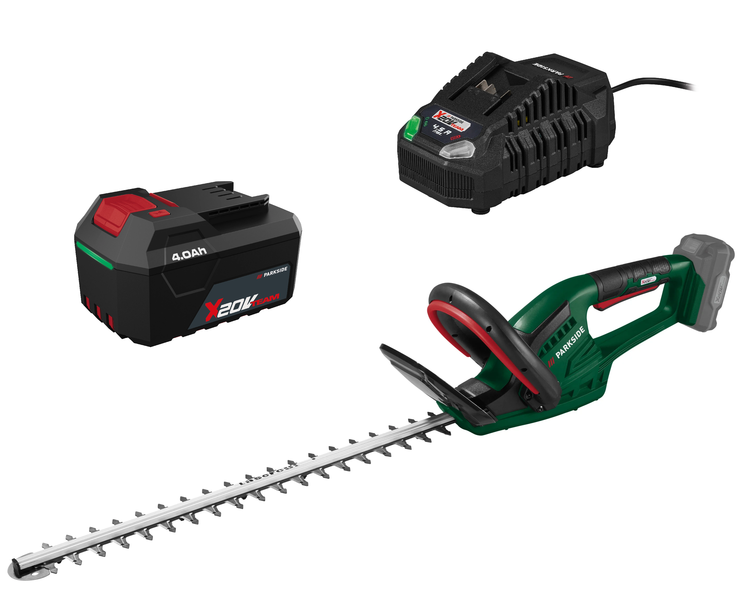 PARKSIDE® Aku nožnice na živý plot PHSA 20-Li D4 + Rýchlonabíjačka akumulátora 20 V/4,5 A + Akumulátor 20 V/4 Ah