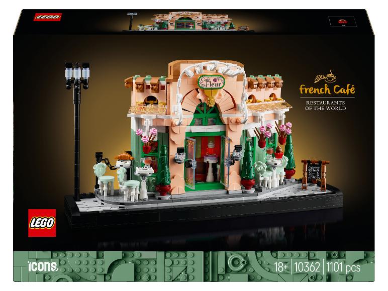 Súprava LEGO Icons French Café, s 1101 dielikmi, zobrazuje detailnú kaviareň s vonkajšou jedálenskou časťou.