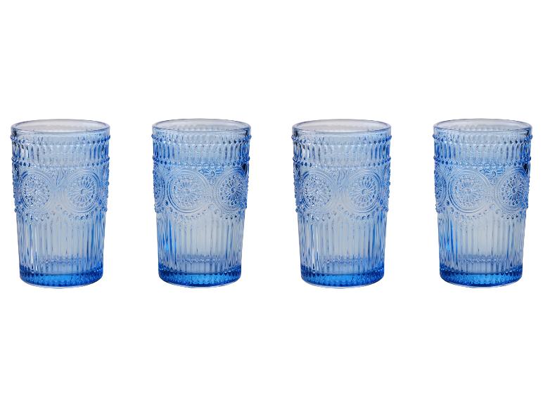 Sada štyroch modrých pohárov na vodu, vintage štýl, s kvetinovým vzorom.