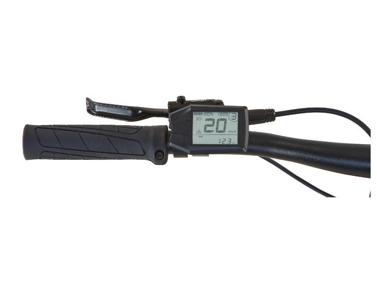 Displej a rukoväť elektrického bicykla Shimano s LCD obrazovkou.