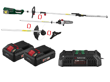 PARKSIDE® Aku záhradné kombinované náradie 40 V PAKG 40-Li A1 + Smart akumulátor 20 V/4 Ah, 2 kusy + Dvojitá nabíjačka 20 V/4,5 A