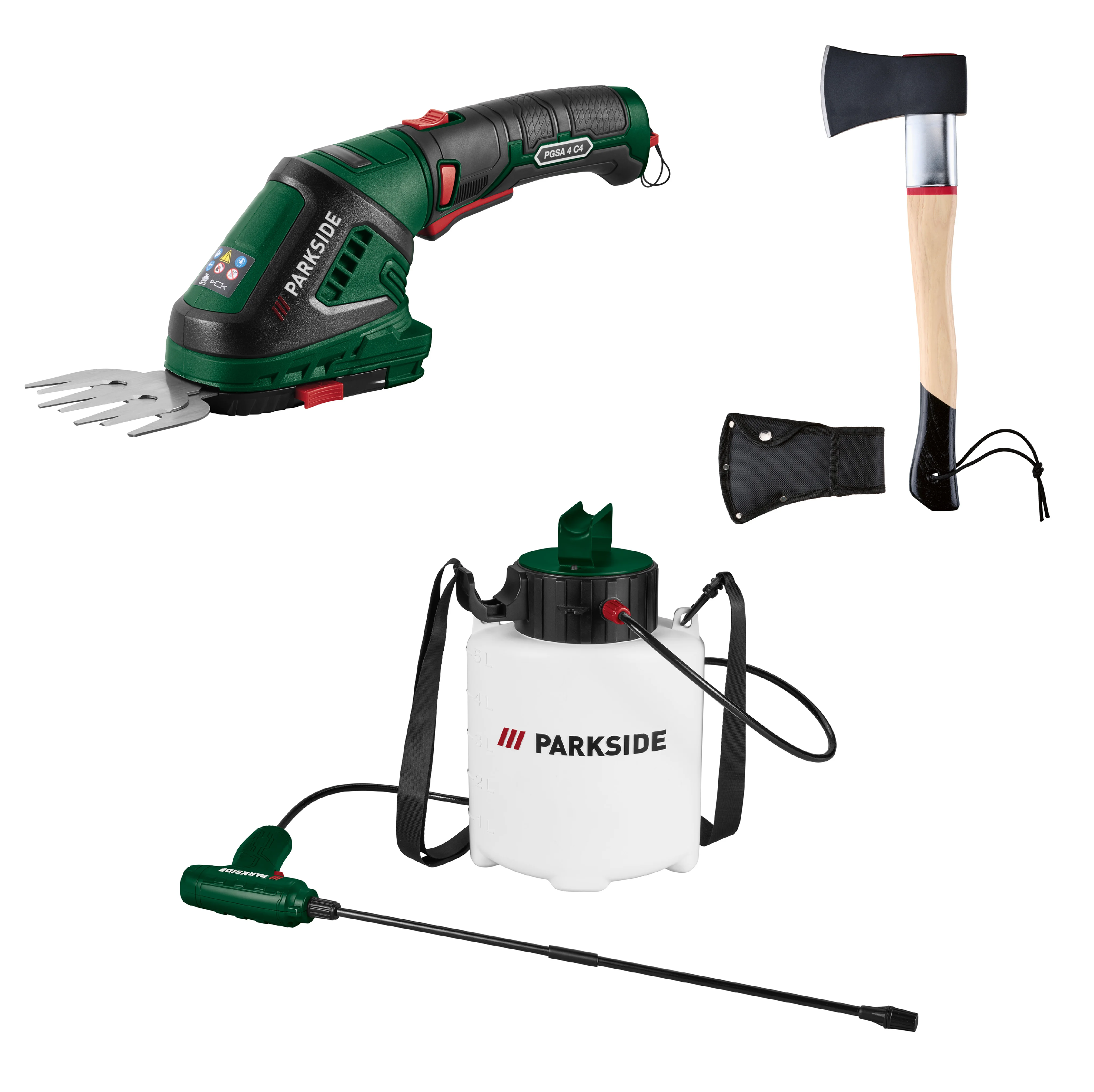 PARKSIDE® Aku tlakový postrekovač 4 V PADS 5 A1 + Aku nožnice na trávnik a živý plot PGSA 4 C4 + Štiepacia sekera