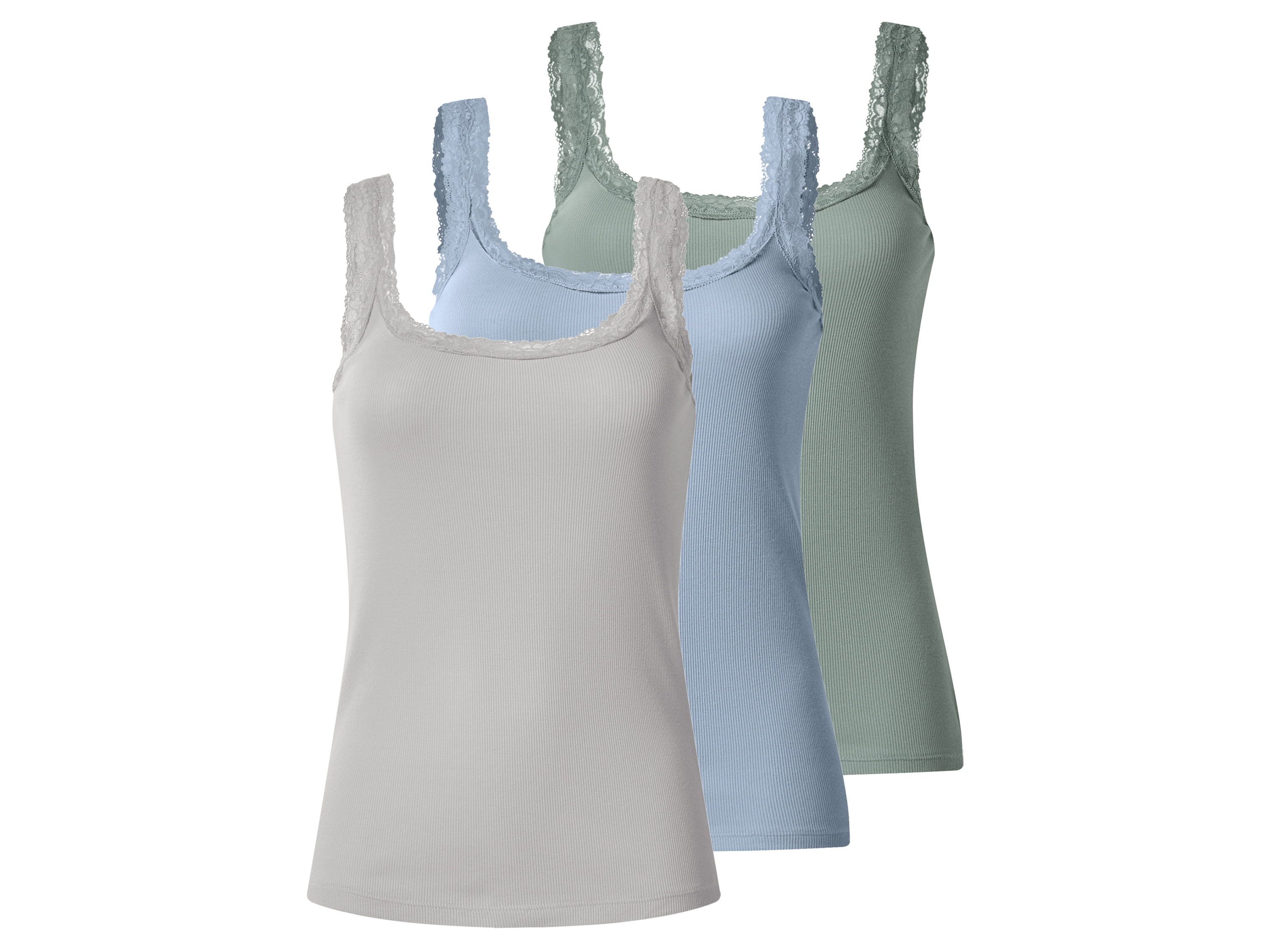 esmara® Dámske rebrované topy s čipkou, 3 kusy (zelená/modrá/sivá, XL (48/50))