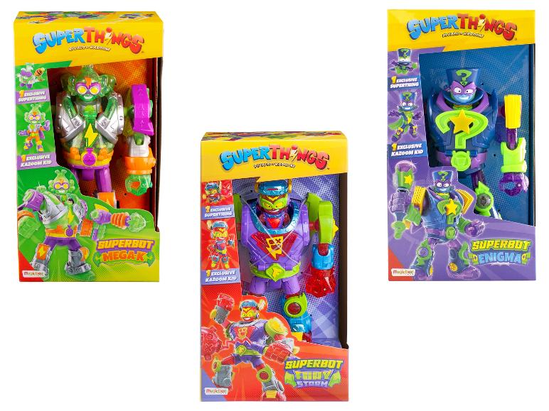 Tri hracie krabice Superthings s figúrkami Superbot Mega-K, Superbot Fury Storm a Superbot Enigma.