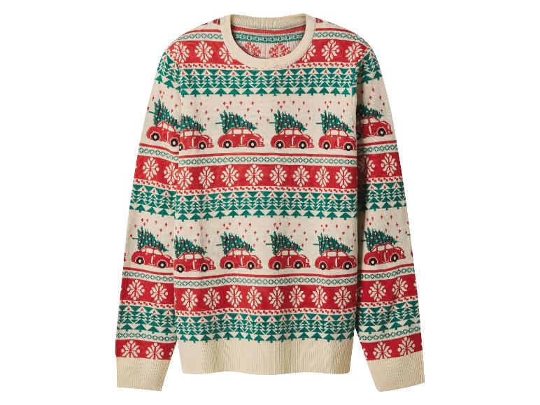 Vianočný sveter s červenými autami a vianočnými stromčekmi