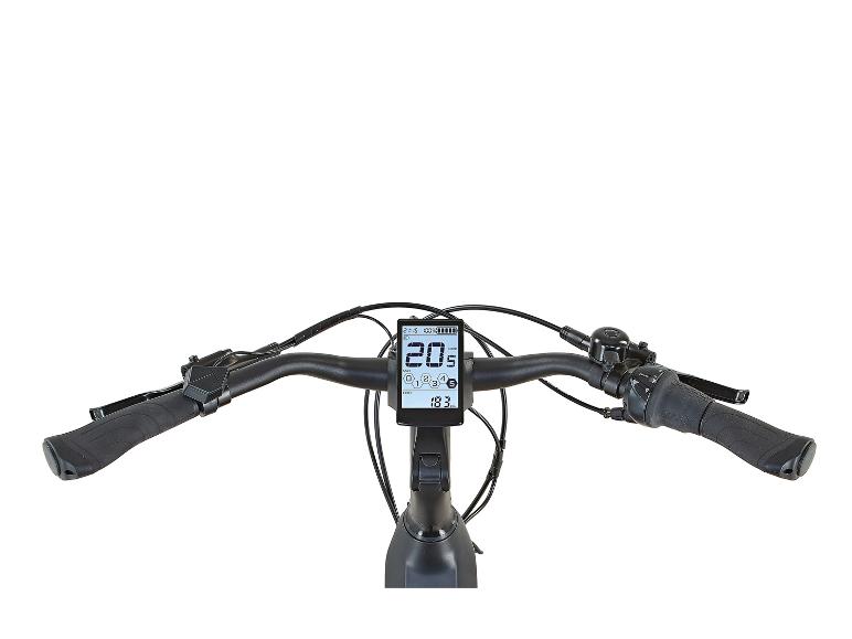 Riadidlá elektrobicykla s digitálnym displejom zobrazujúcim 20 km/h a 183 km.