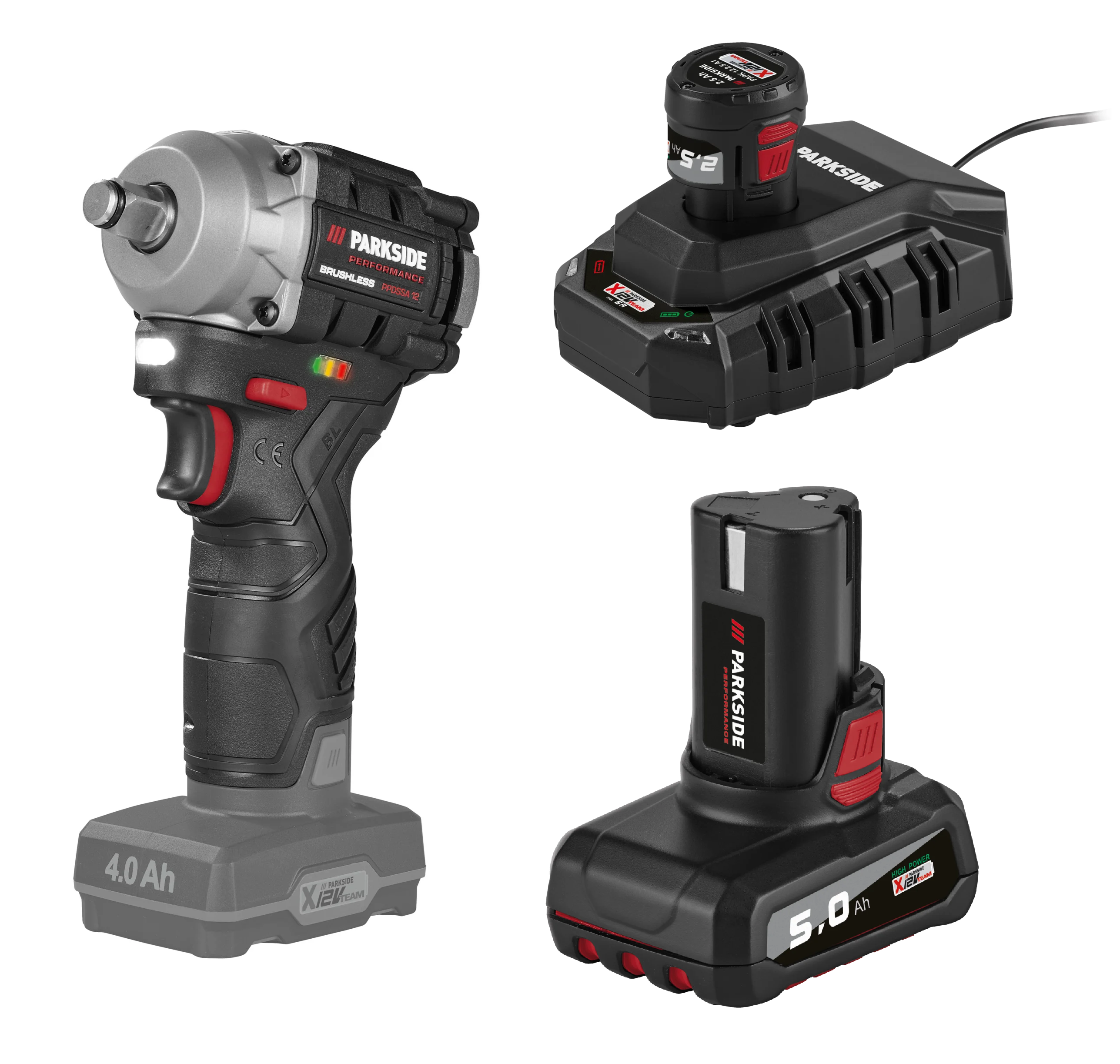 PARKSIDE PERFORMANCE® Aku rázový uťahovák PPDSSA 12 A1 + Akumulátor 12 V/5 Ah + Akumulátor 12 V/2,5 Ah + Nabíjačka 12 V/6 A