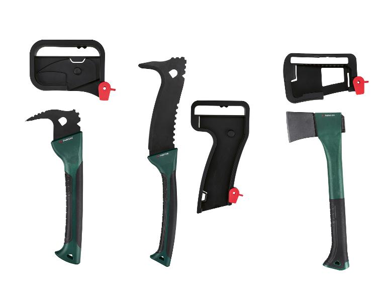Nástroje Parkside: sekera, nôž a krompáč s odnímateľnými rukoväťami a puzdrami.