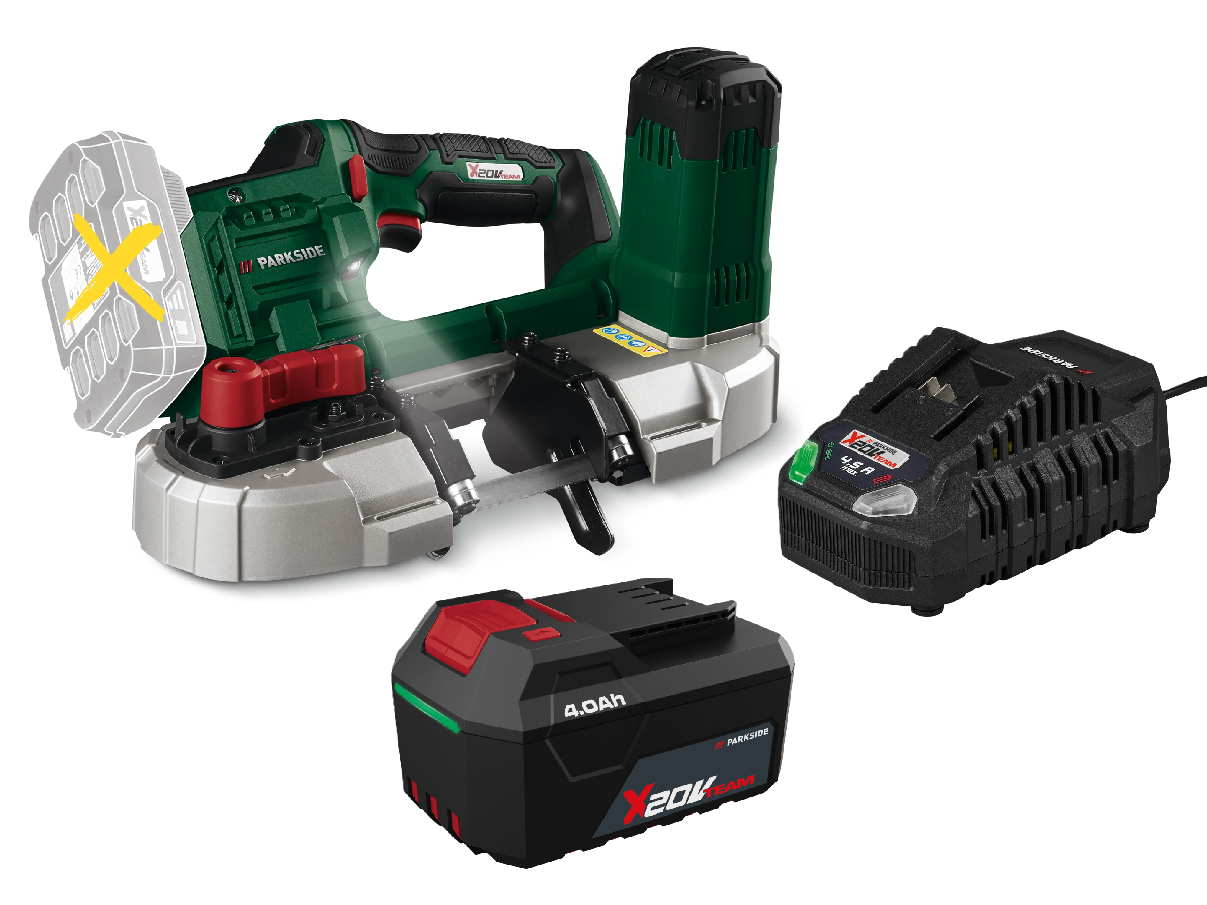 PARKSIDE® Aku pásová píla 20 V PMBA 20-Li A1 + Akumulátor 20 V/4 Ah + Rýchlonabíjačka 20 V/4,5 A