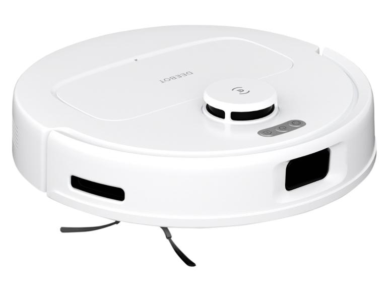 Biely robotický vysávač s okrúhlym telom a vyčnievajúcimi bočnými kefami.