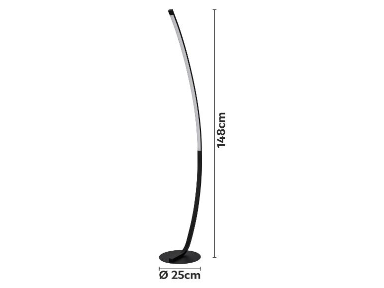 Zakrivená čierna LED stojacia lampa, vysoká 148 cm, s podstavcom s priemerom 25 cm.