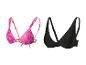 Trojuholníkové a bandeau bikiny, ružový leopardí vzor a jednofarebné čierne.