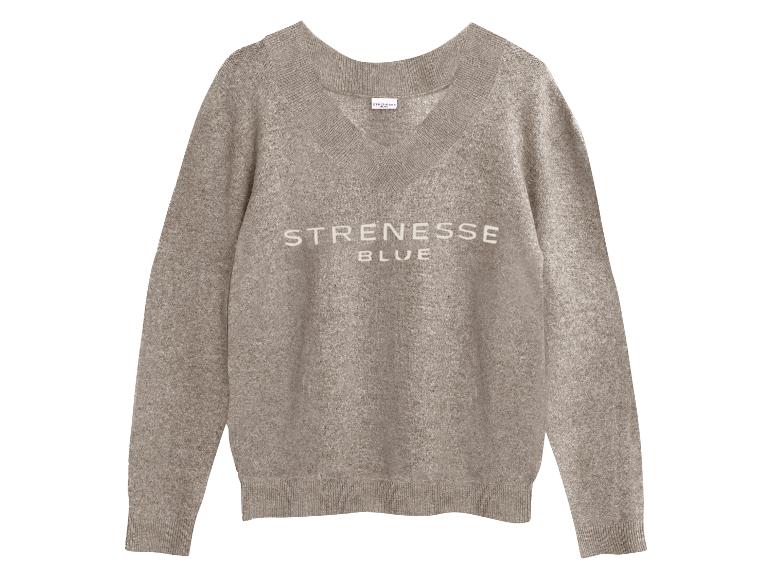 Svetlohnedý sveter s výstrihom do V a nápisom STRENESSE BLUE