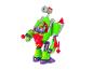 Zelená a červená robotická hračka s malou figúrkou vo vnútri, na bielom pozadí.