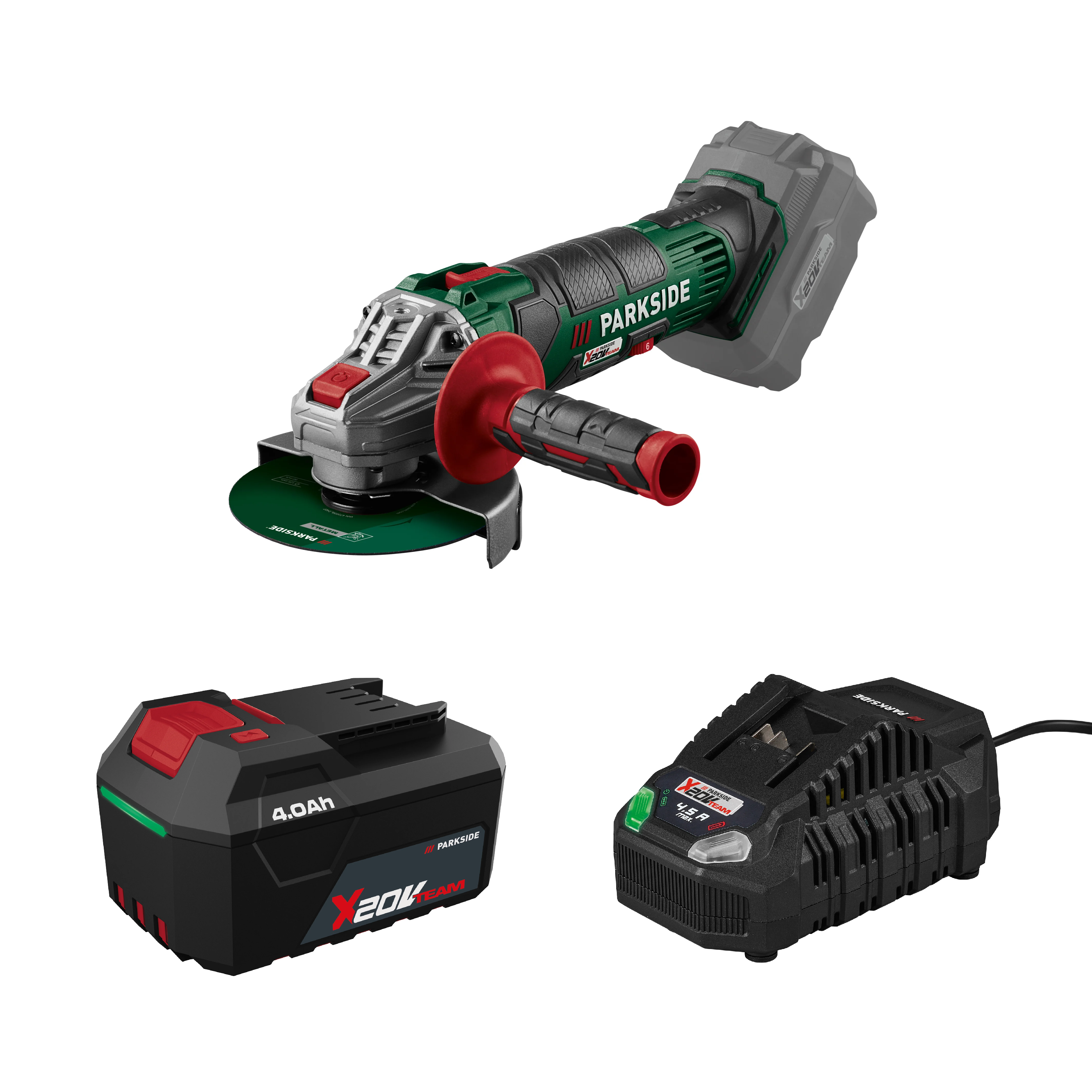 PARKSIDE® Aku uhlová brúska PWSA 20-Li G4 + Akumulátor 20 V/4 Ah PAP 204 A1 + Rýchlonabíjačka akumulátora 20 V/4,5 A PLG 20 C3