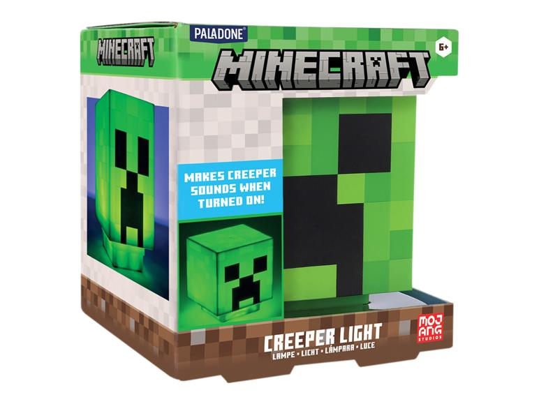 Krabica na lampu Minecraft Creeper, ktorá po zapnutí vydáva zvuky.