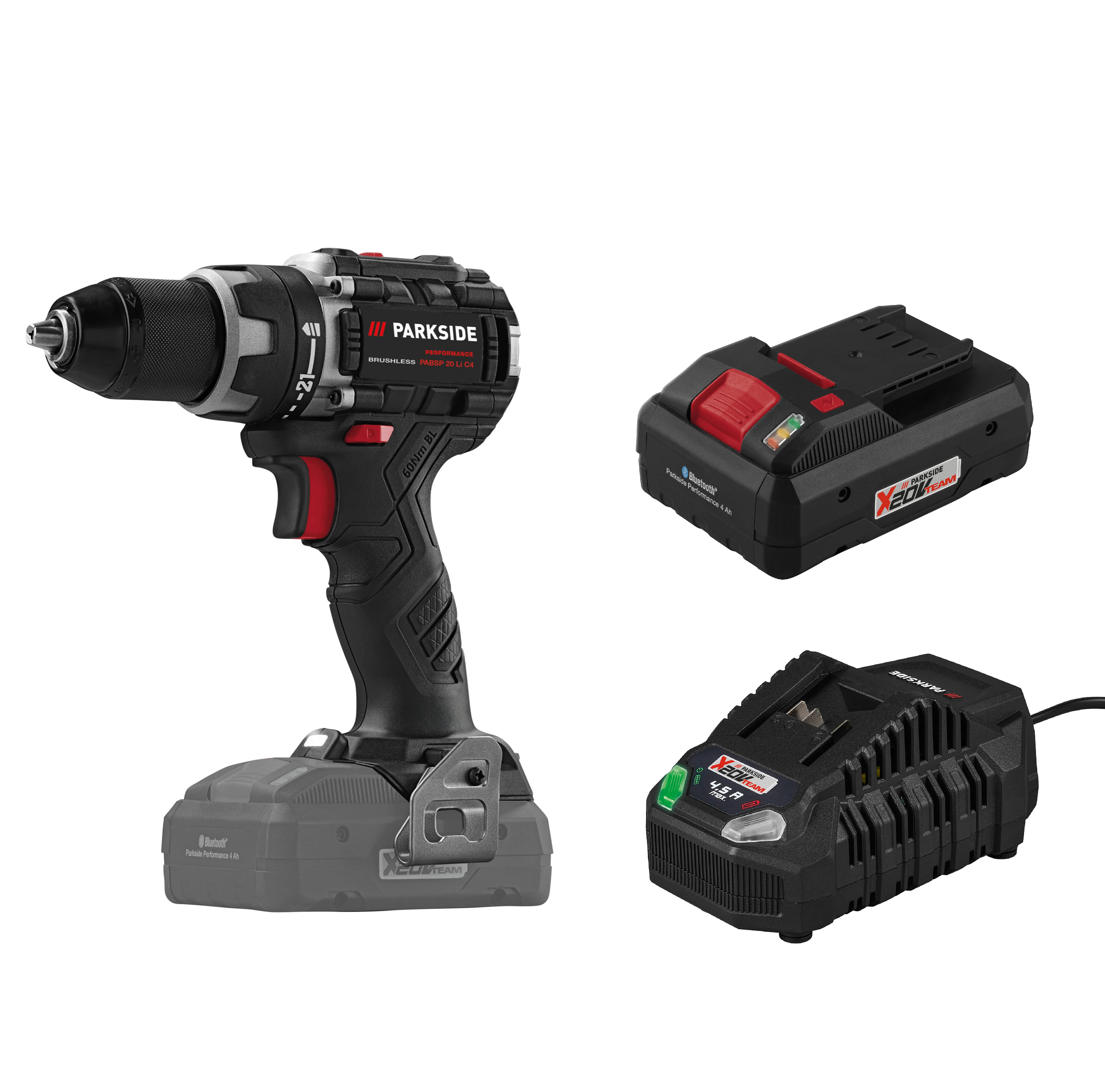 PARKSIDE PERFORMANCE® Aku vŕtací skrutkovač 20 V PABSP 20 Li C4 + Smart akumulátor 20 V/4 Ah + Rýchlonabíjačka akumulátora 20 V/4,5 A