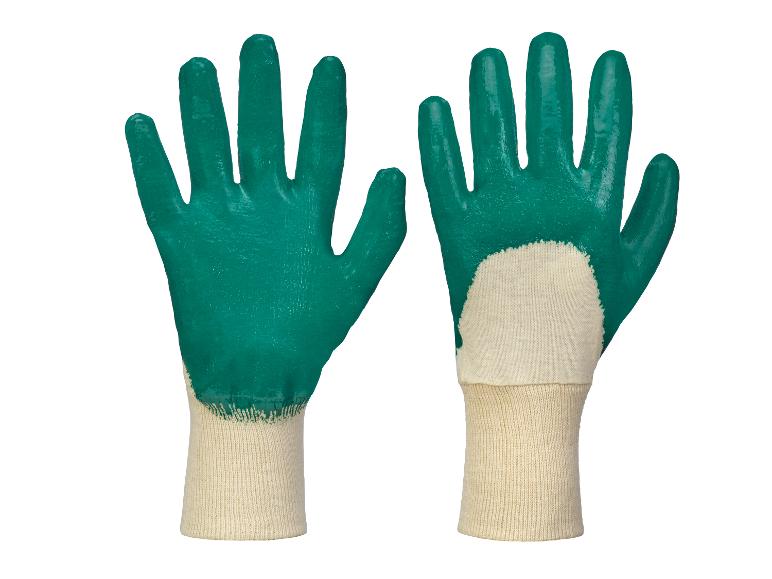Dve páry zelených pracovných rukavíc s bielymi manžetami.