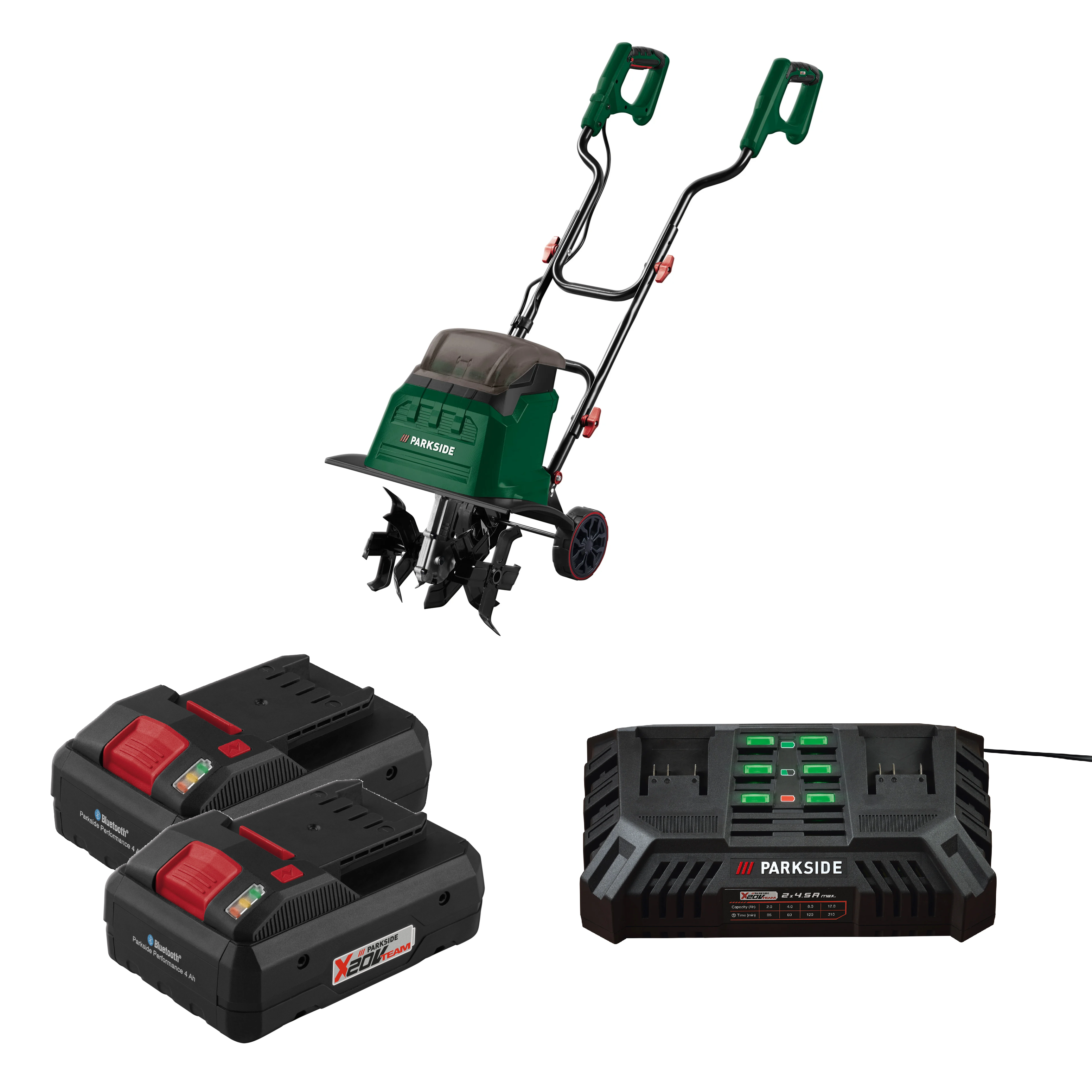PARKSIDE® Aku kultivátor 40 V PABH B2 + Smart akumulátor 20 V/4 Ah, 2 kusy + Dvojitá nabíjačka na akumulátor 20 V/4,5 A