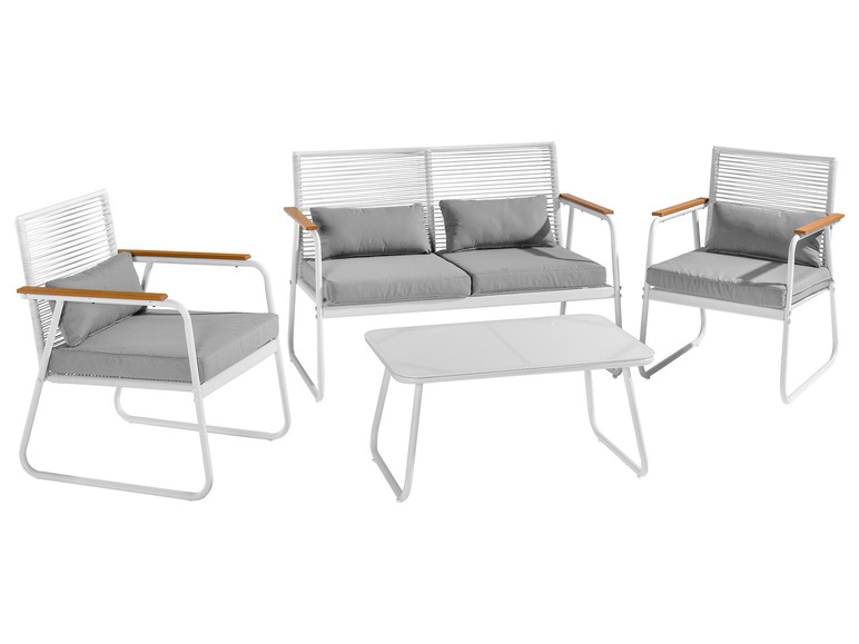 Biely lounge set s dvoma kreslami, rozkladacou pohovkou a stolíkom.