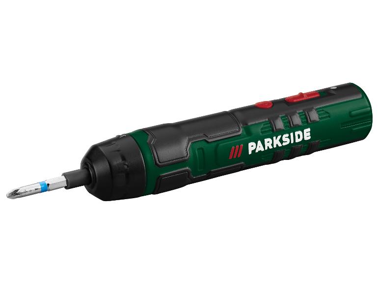 Akumulátorový skrutkovač PARKSIDE v zeleno-čiernej farbe s červenými tlačidlami.