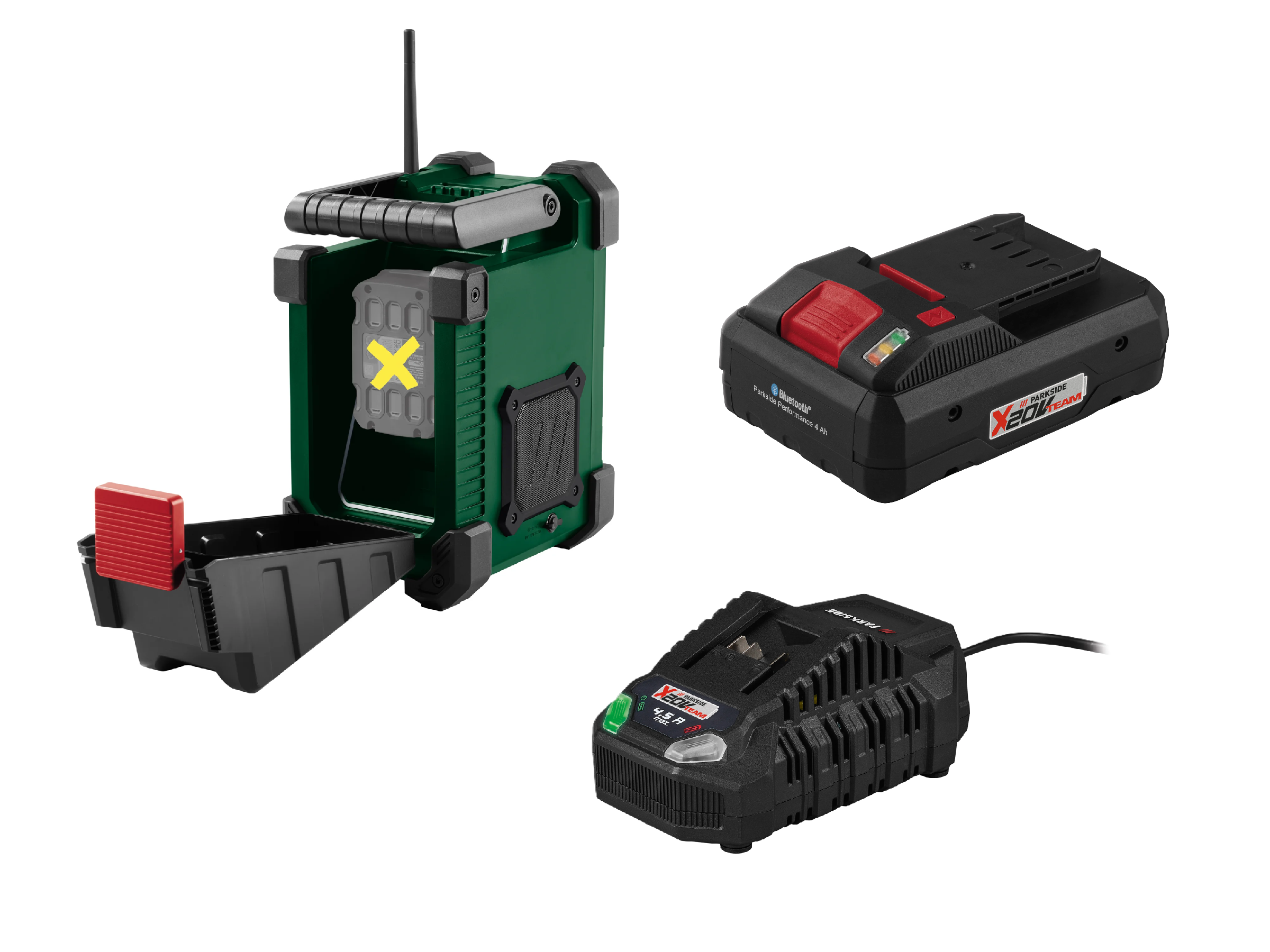 PARKSIDE® Aku stavebné rádio 20 V/12 V PBR F10 A1 + Smart akumulátor 20 V/4 Ah + Rýchlonabíjačka akumulátora 20 V/4,5 A