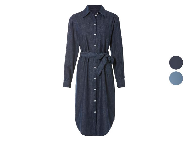 Džínové šaty s dlhými rukávmi a opaskom v tmavomodrej farbe.