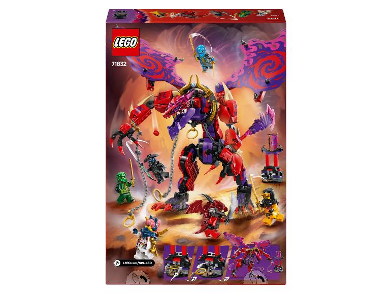 Súprava LEGO Ninjago 71832 s veľkým červeným a fialovým drakom, minifigúrkami a príslušenstvom.