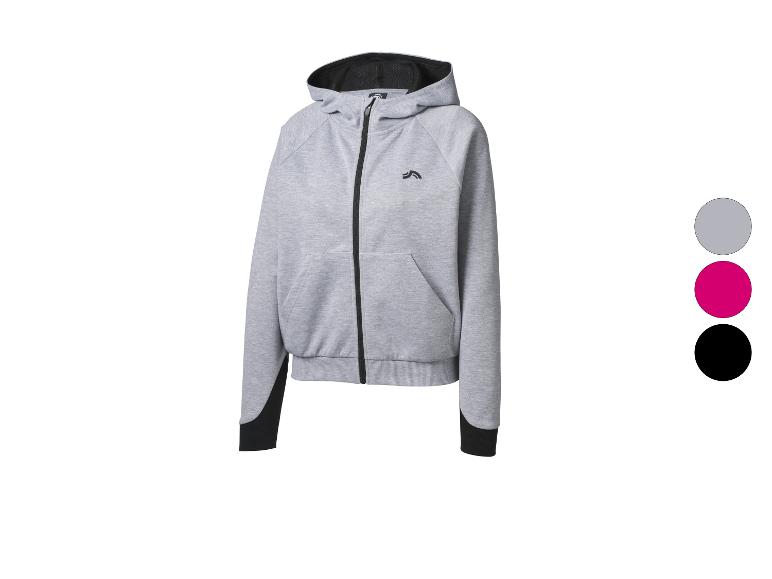 Sivá mikina s kapucňou na zips s čiernymi detailmi a logom na hrudi.