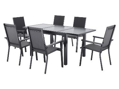 LIVARNO® Hliníkový rozkladací záhradný stôl Houston/Toronto + Stohovateľná stolička Houston, 6 kusov