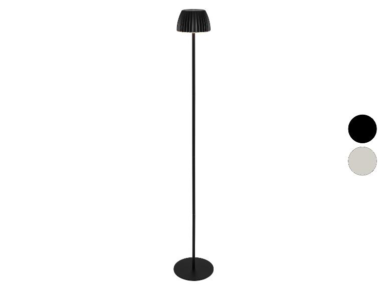 Čierna stojacia lampa s plisovaným tienidlom, zobrazená s čiernou a sivou farebnou možnosťou.