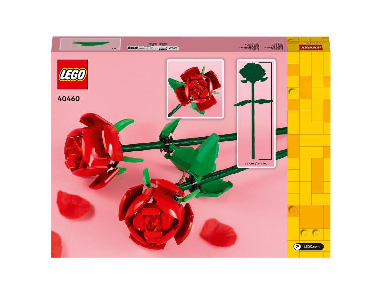 LEGO krabica s dvoma červenými ružami a listami.