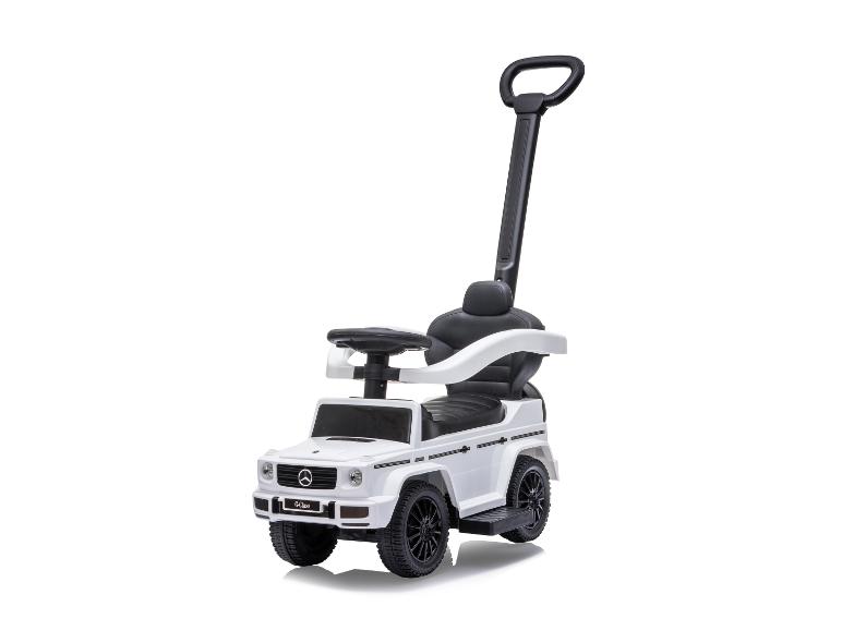 Biele detské autíčko Mercedes-Benz triedy G s rukoväťou.