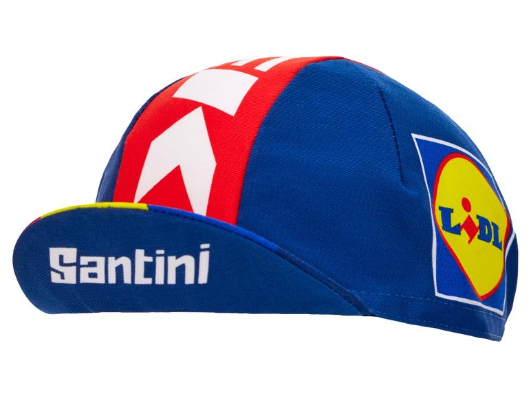 Cyklistická čiapka Santini, modrá a červená s logom Lidl.