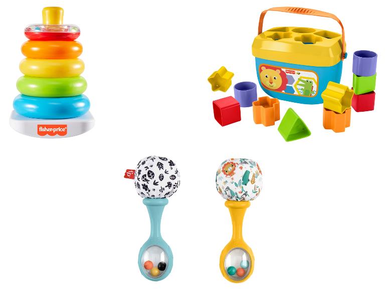 Fisher-Price stohovateľné krúžky, triedič tvarov a hrkálky pre bábätká.