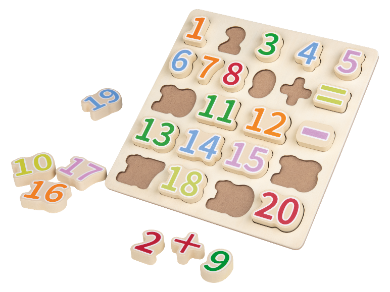 Drevená skladačka s číslami a matematickými symbolmi pre deti.