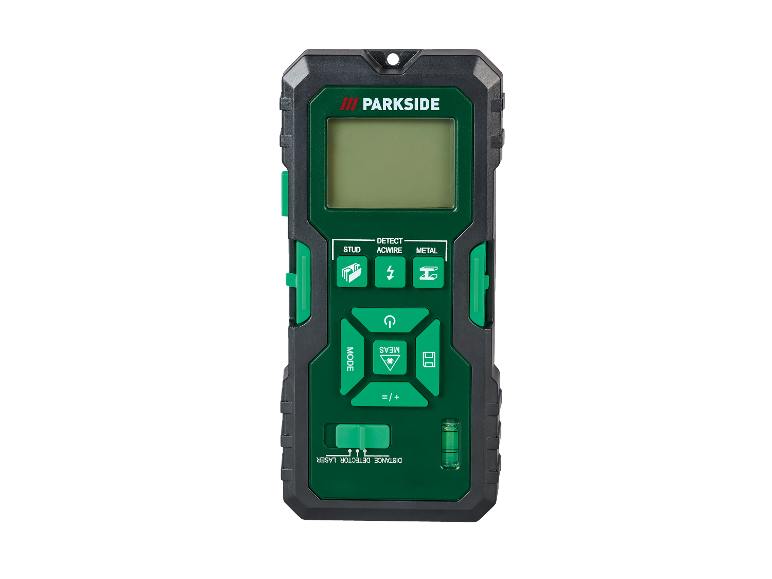 Parkside laserový merač vzdialenosti s vodováhou a detektorom kolíkov.